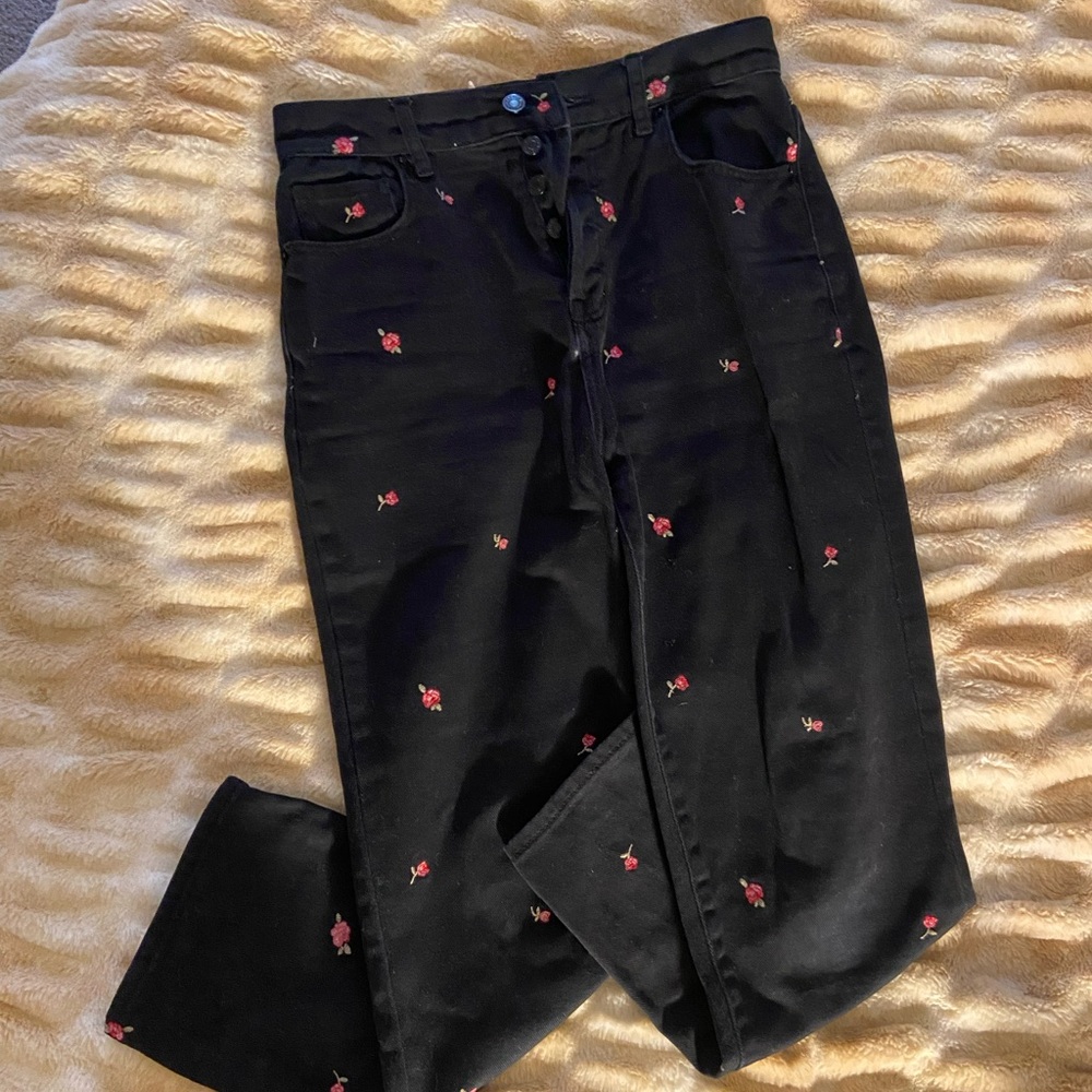 PacSun Black Highrise Straight with Pink Rose Embroidery